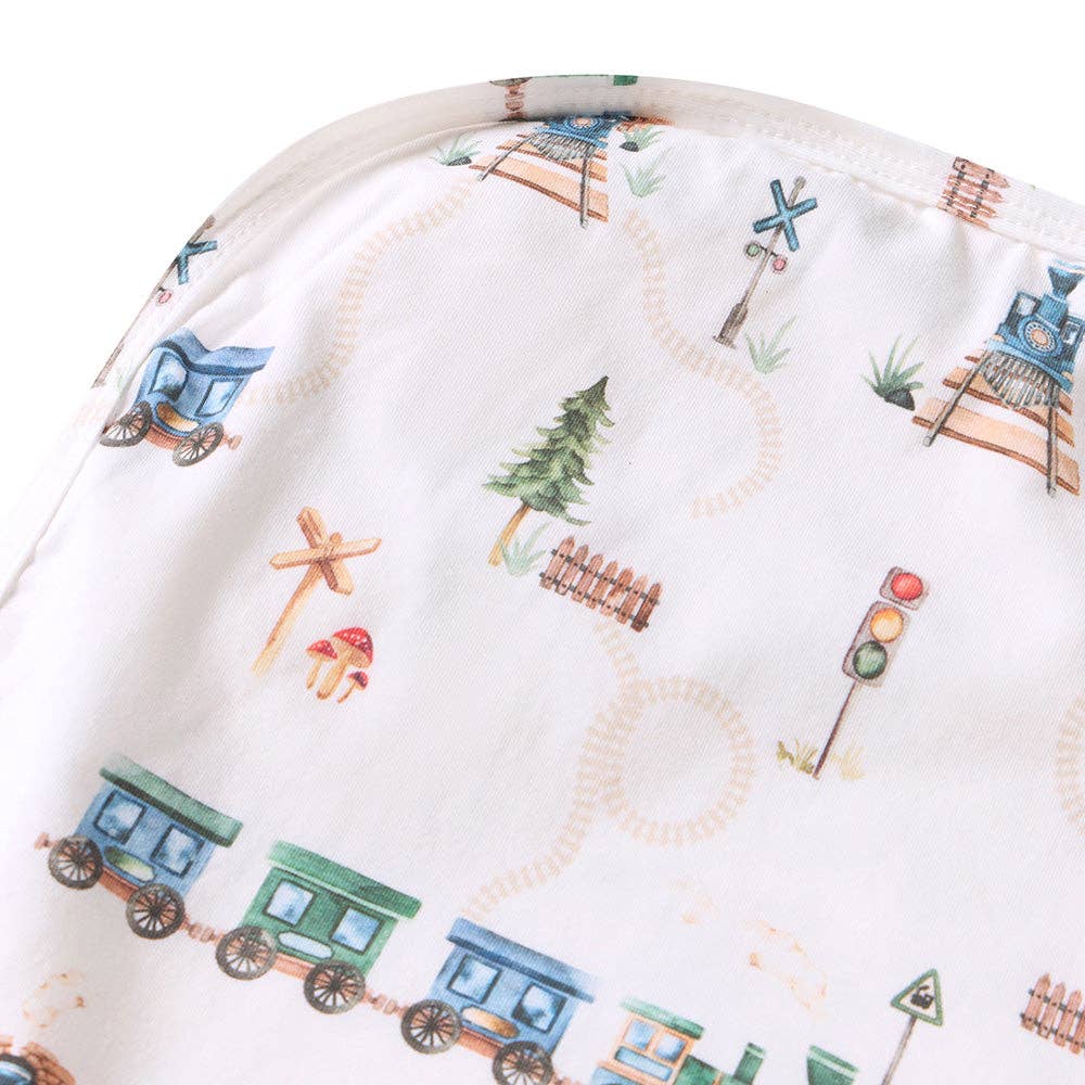 Trains Organic Jersey Wrap & Beanie Set
