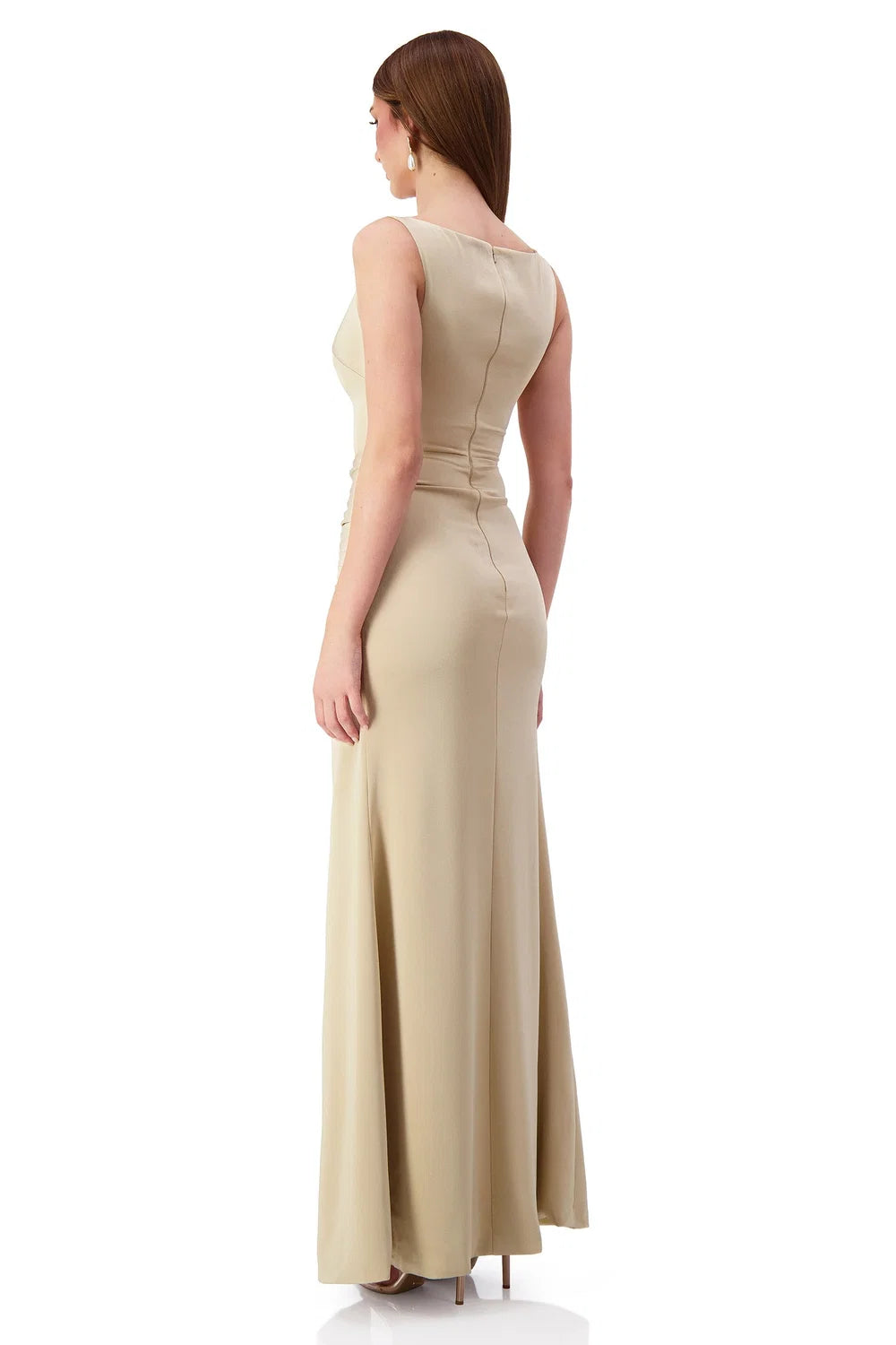 Kehlani Boat Neck Split Gown - Gold Beige