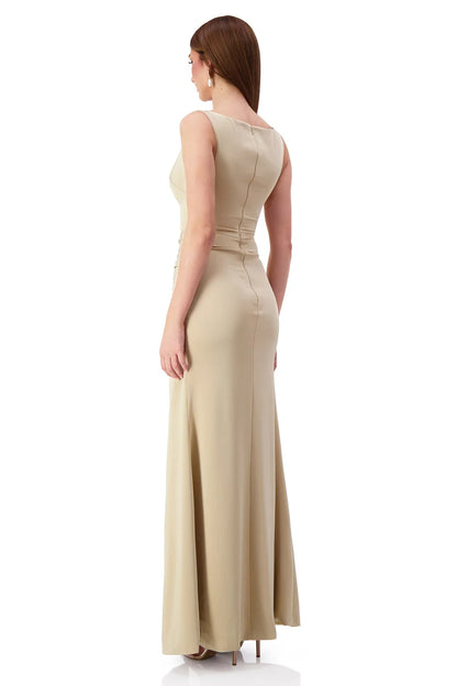 Kehlani Boat Neck Split Gown - Gold Beige