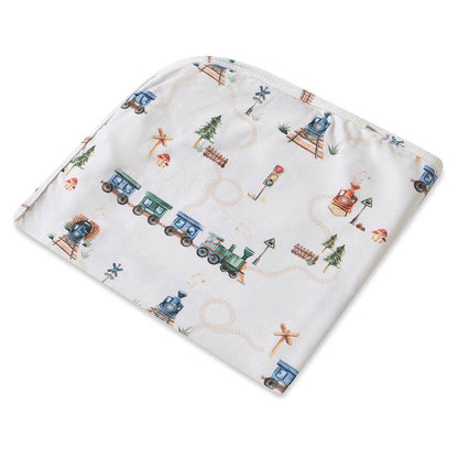 Trains Organic Jersey Wrap & Beanie Set