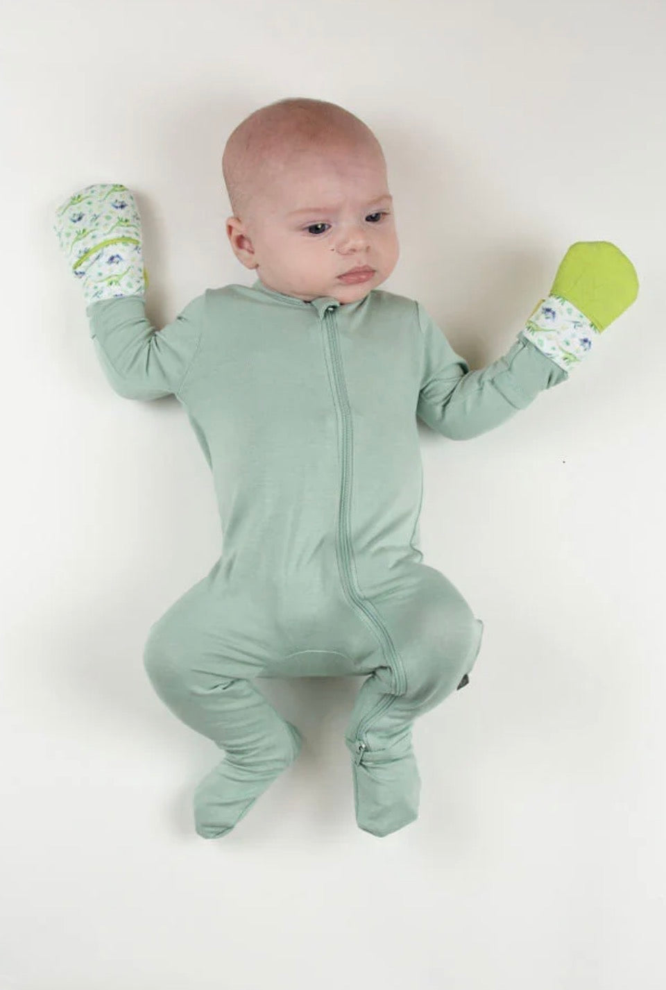 Munch Minis Teething and Anti Scratch Mitts - Green Dino