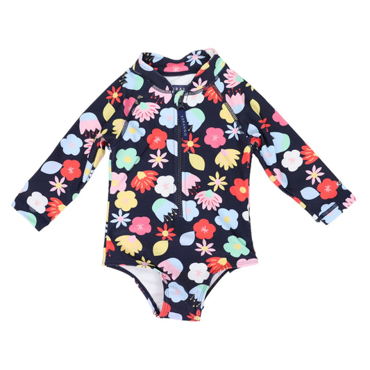 Flower Long Sleeve UPF50 Swimsuit - Navy 1Y