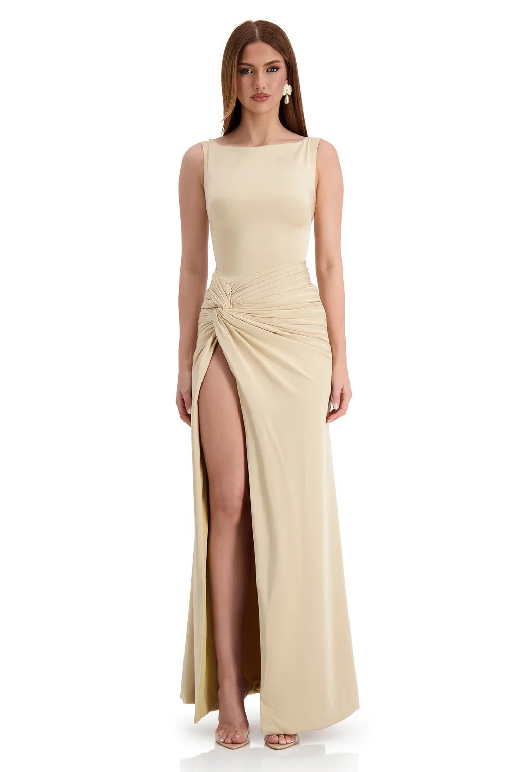 Kehlani Boat Neck Split Gown - Gold Beige