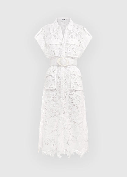 Audrey Lace Pocket Shirt Midi Dress - Snow