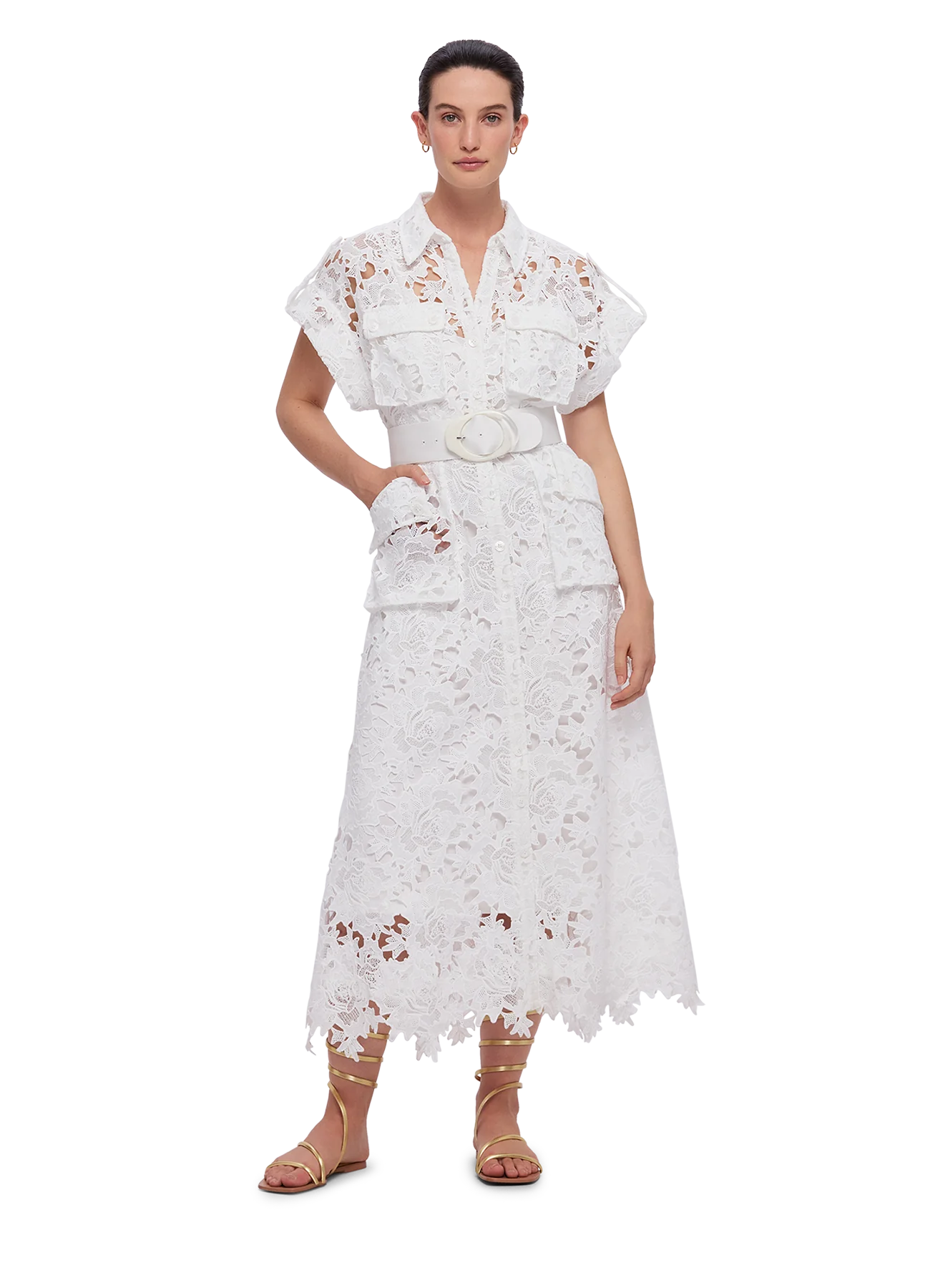 Audrey Lace Pocket Shirt Midi Dress - Snow