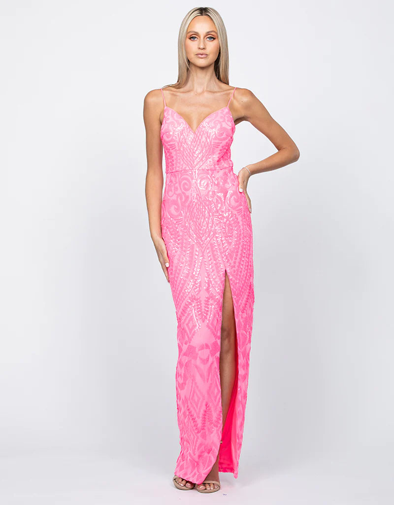 Rowie Plunge Neckline Gown - Fluro Pink B60D10L
