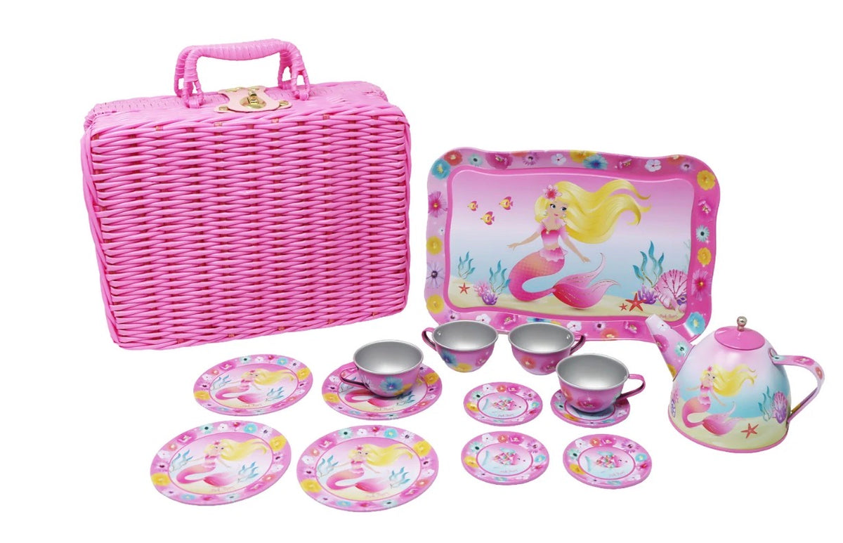 Mermaid 15 Piece Tin Tea Set in Basket