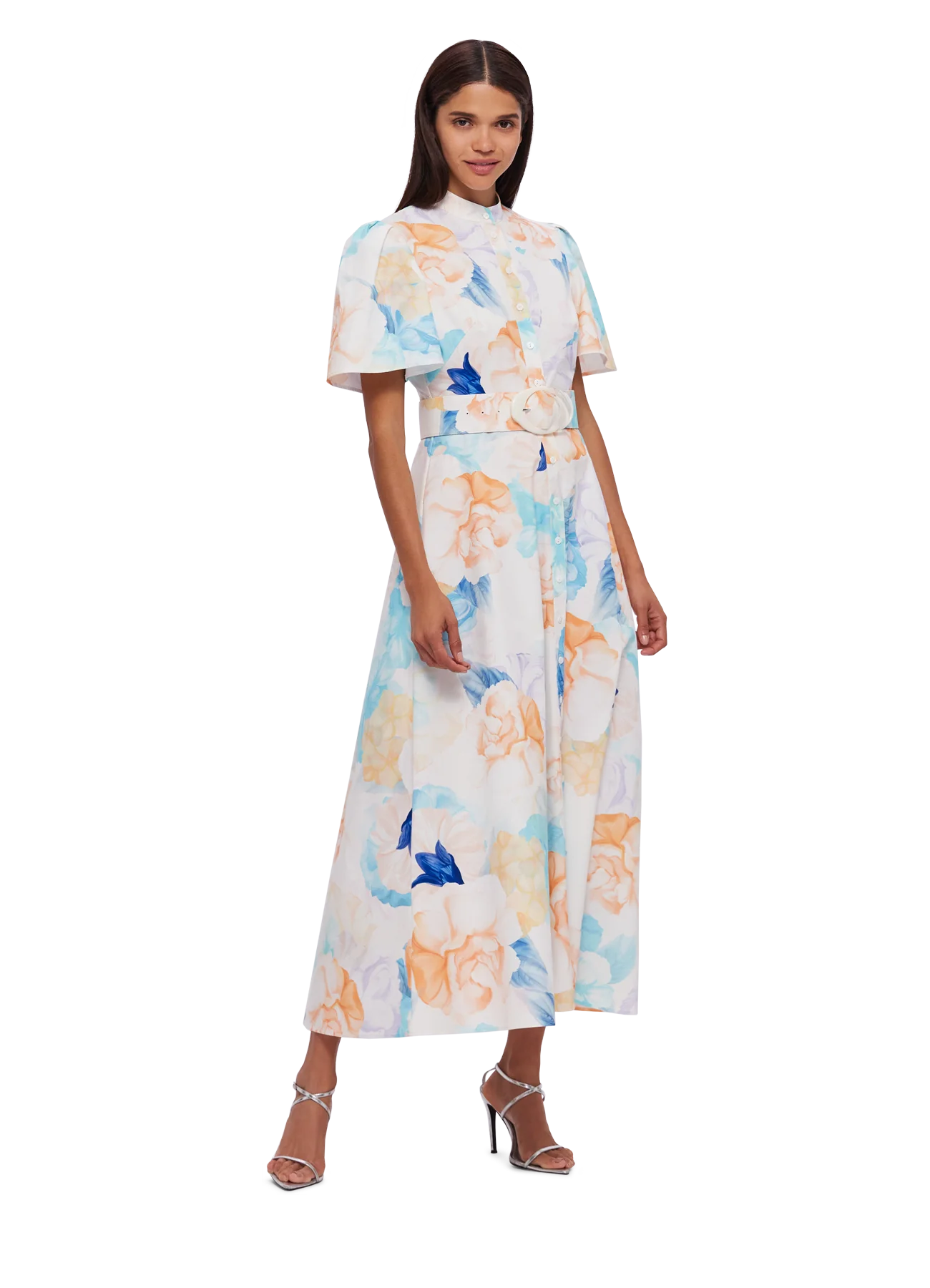 Bianca Short Sleeve Midi Dress - Rosebud Print in Cream