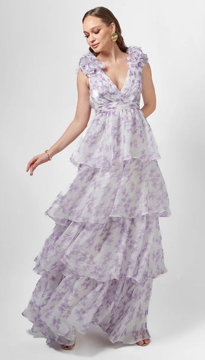 Violetta Tiered Print Gown - Lilac