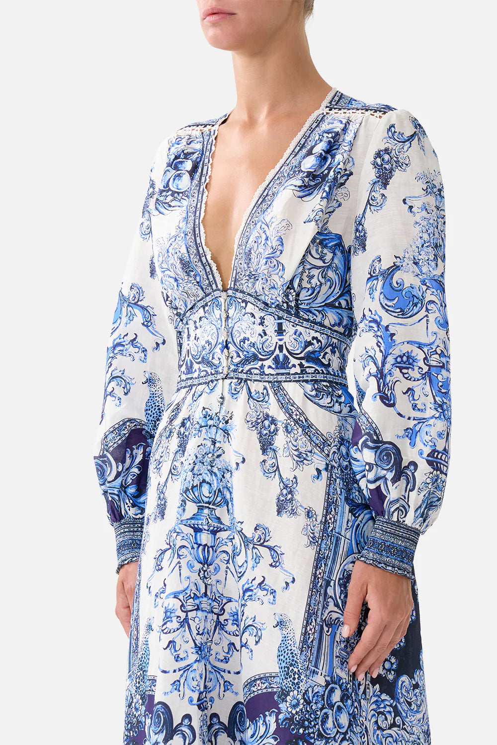 Button Dress With Shaped Waistband - A Tiled Wonderland