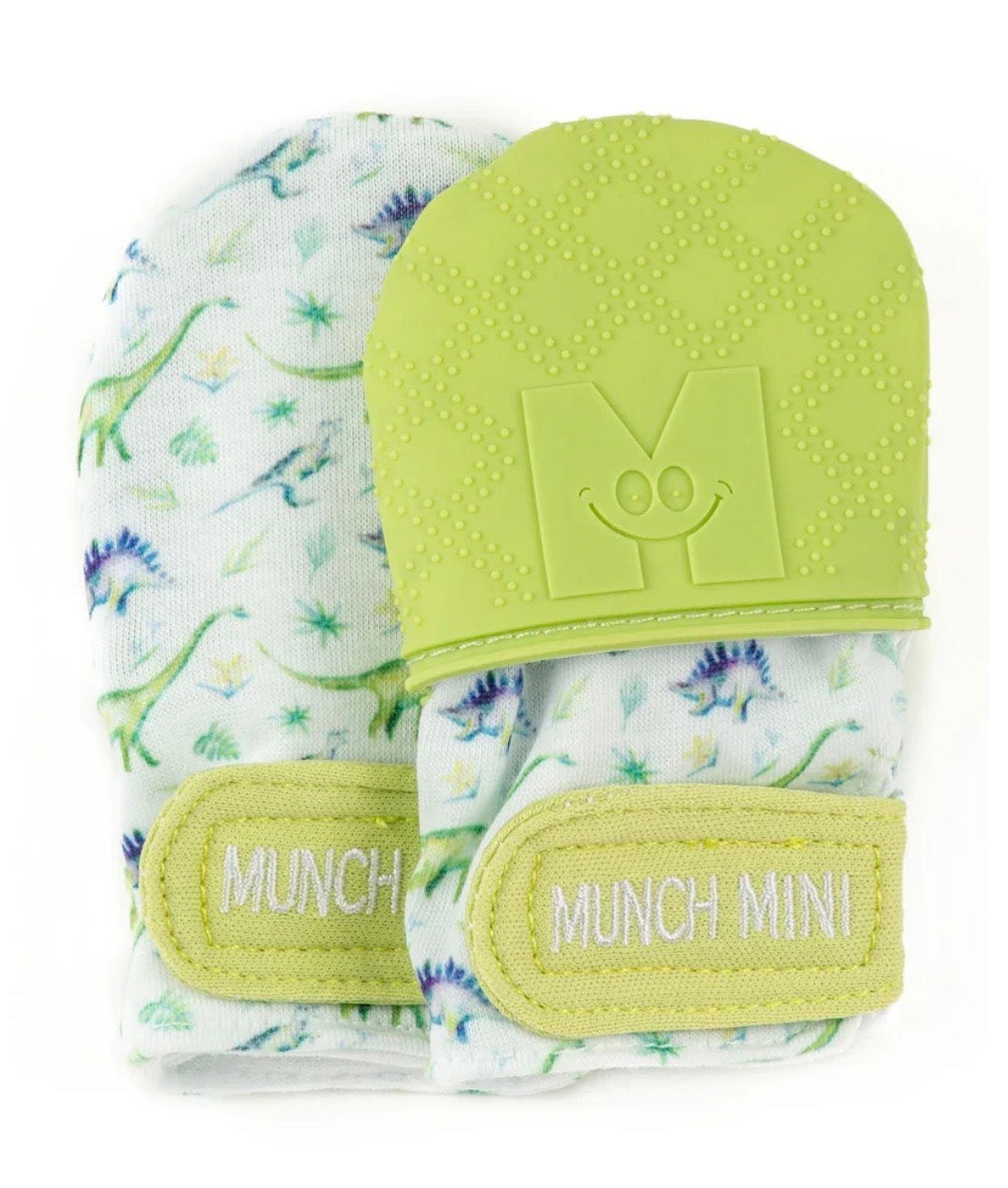 Munch Minis Teething and Anti Scratch Mitts - Green Dino