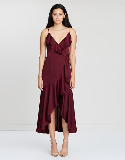 Luxe Bias Frill Wrap Dress - Garnet