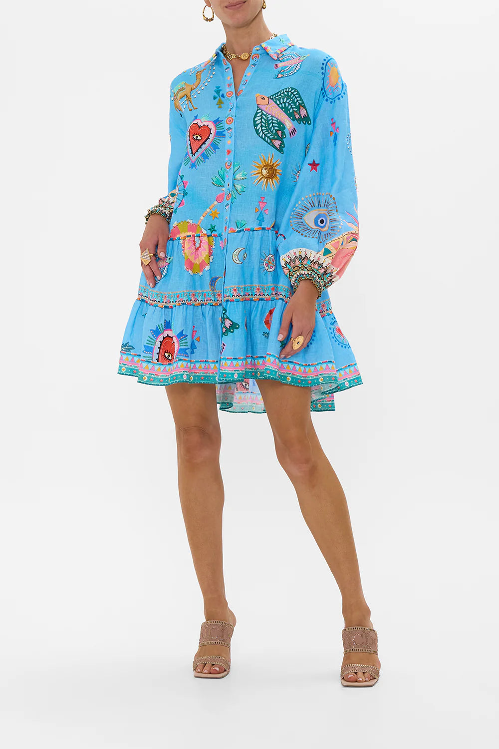 A Painted Village Long Sleeve Tiered Short Dress