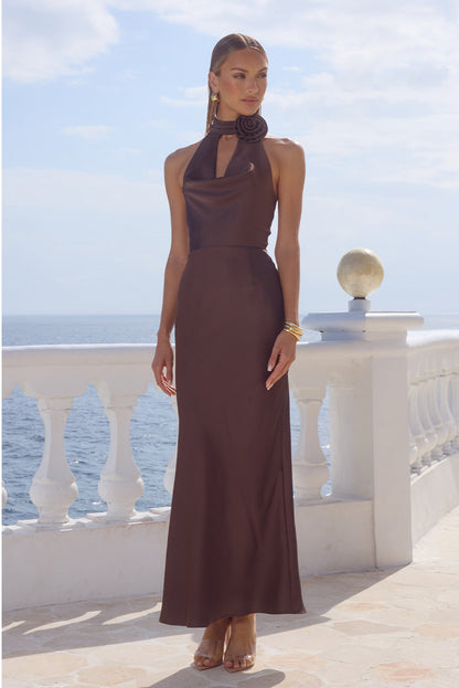 Estelle Cowl Halter Maxi Dress - Bitter Chocolate