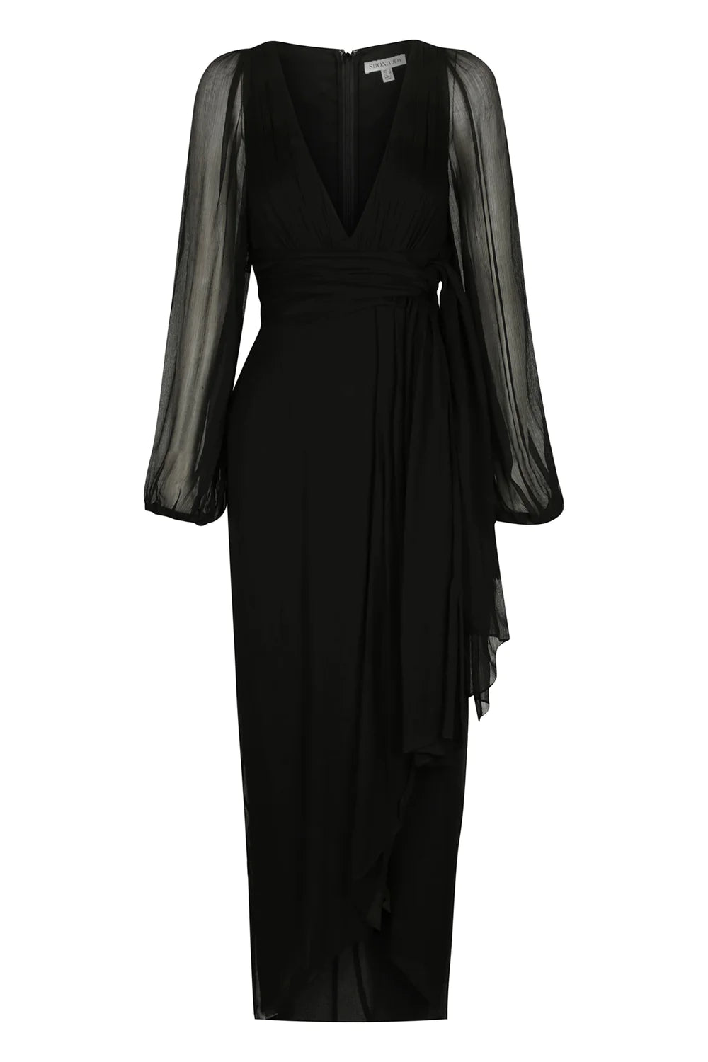 Isola Plunged Long Sleeve Midi Dress - Black