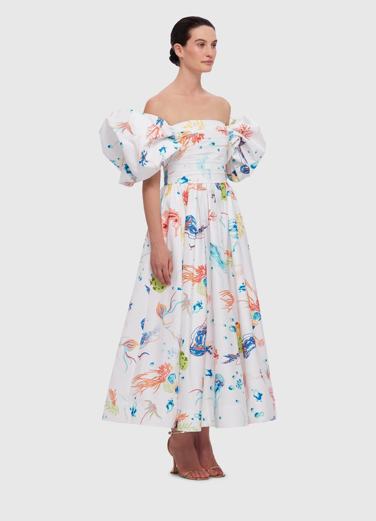 Matilda Puff Sleeve Midi Dress - Twilight Print in White
