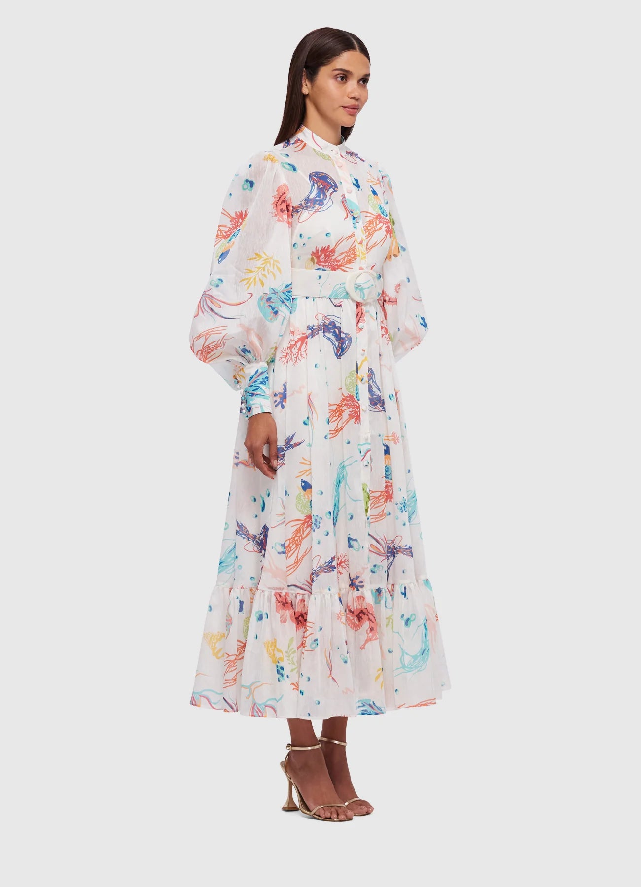 puff sleeve long dress with colourful print and white