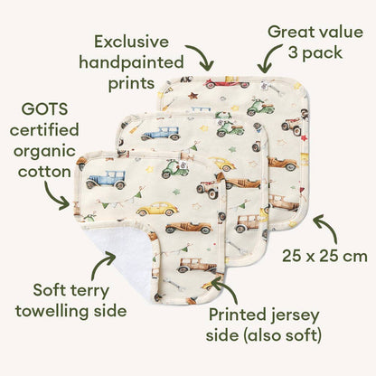Vintage Cars Organic Wash Cloths - 3 Pack