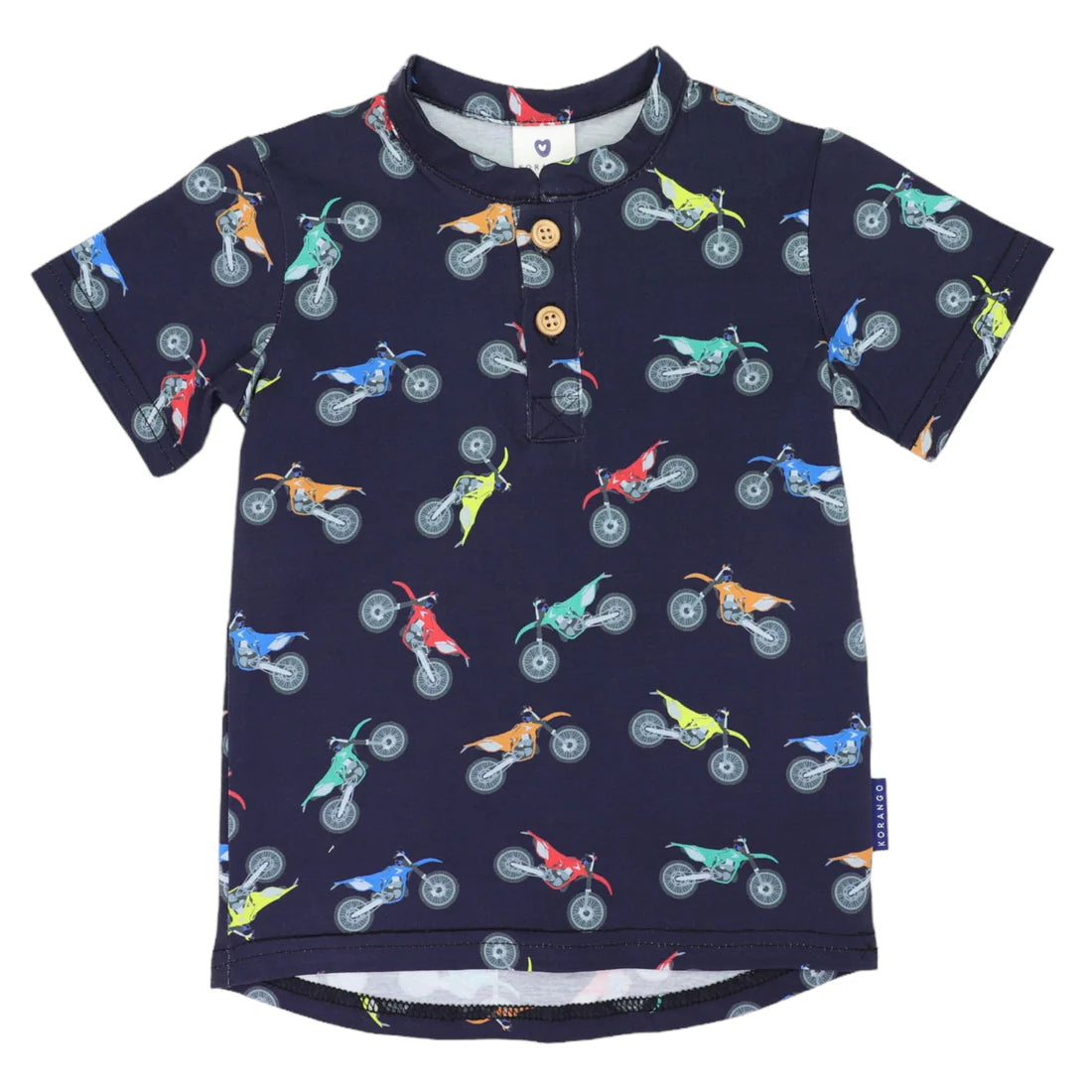 Motor Bike Print Henley Tee - Navy