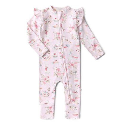 Alice’s Tea Party Organic Snugglesuit Convertible Romper with Frill