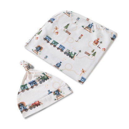 Trains Organic Jersey Wrap & Beanie Set