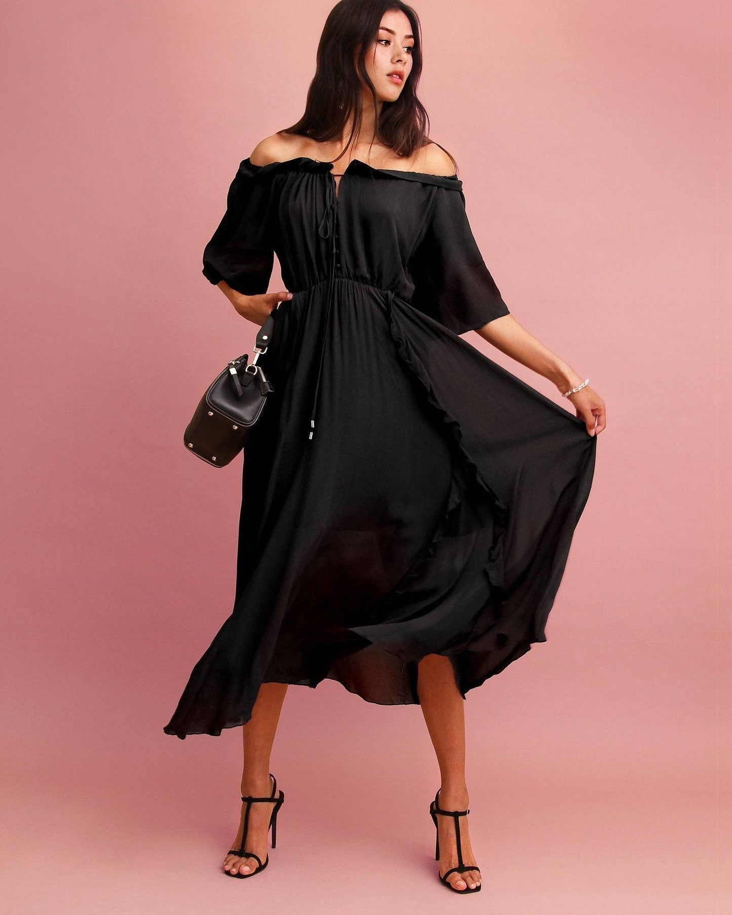 Amour Amour Ruffled Midi Dress - Black