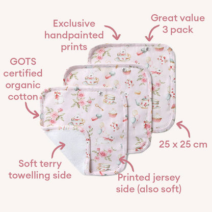 Alice’s Tea Party Organic Wash Cloths - 3 Pack