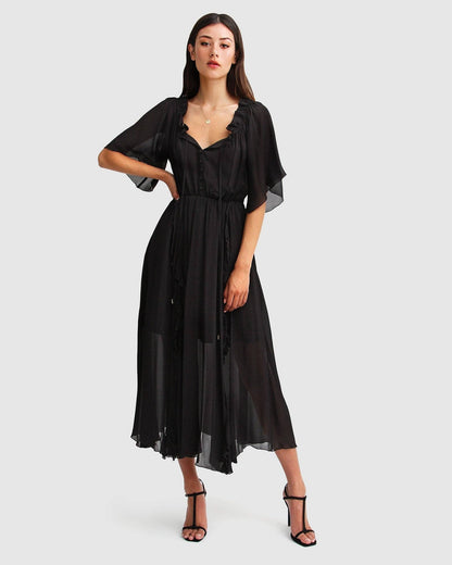 Amour Amour Ruffled Midi Dress - Black