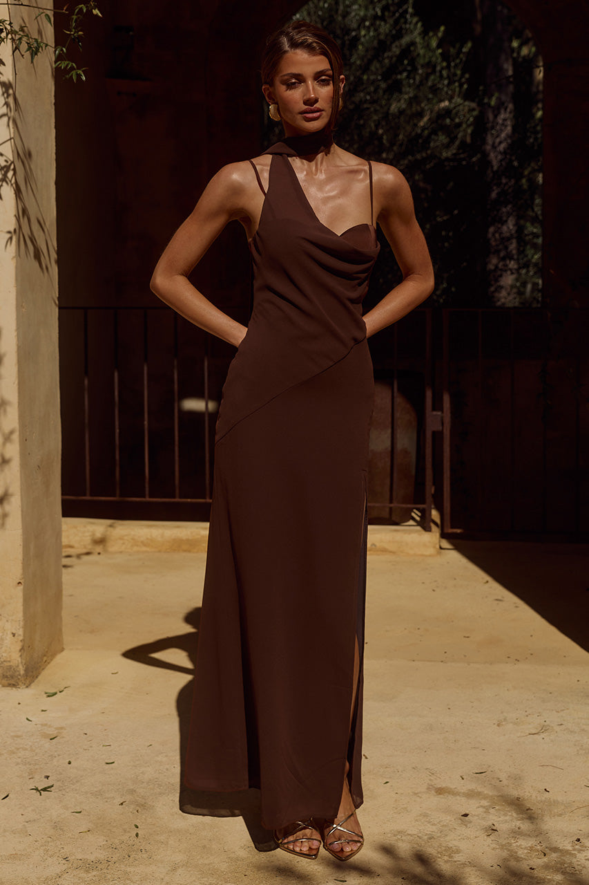 Liora Draped Scarf Maxi Dress - Chocolate