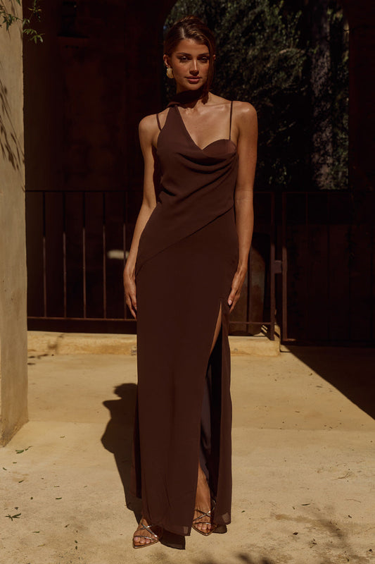 Liora Draped Scarf Maxi Dress - Chocolate