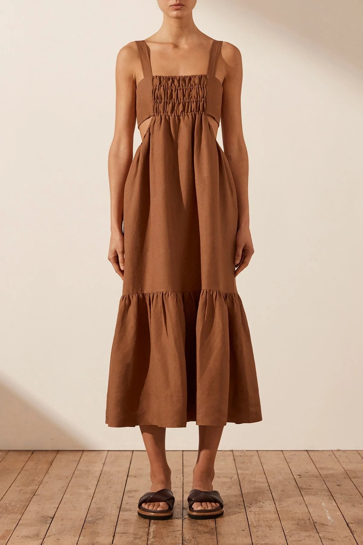 Shona Joy | Jules Linen Cut Out Ruched Midi Dress Almond