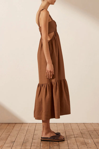 Jules Linen Cut Out Ruched Midi Dress Almond